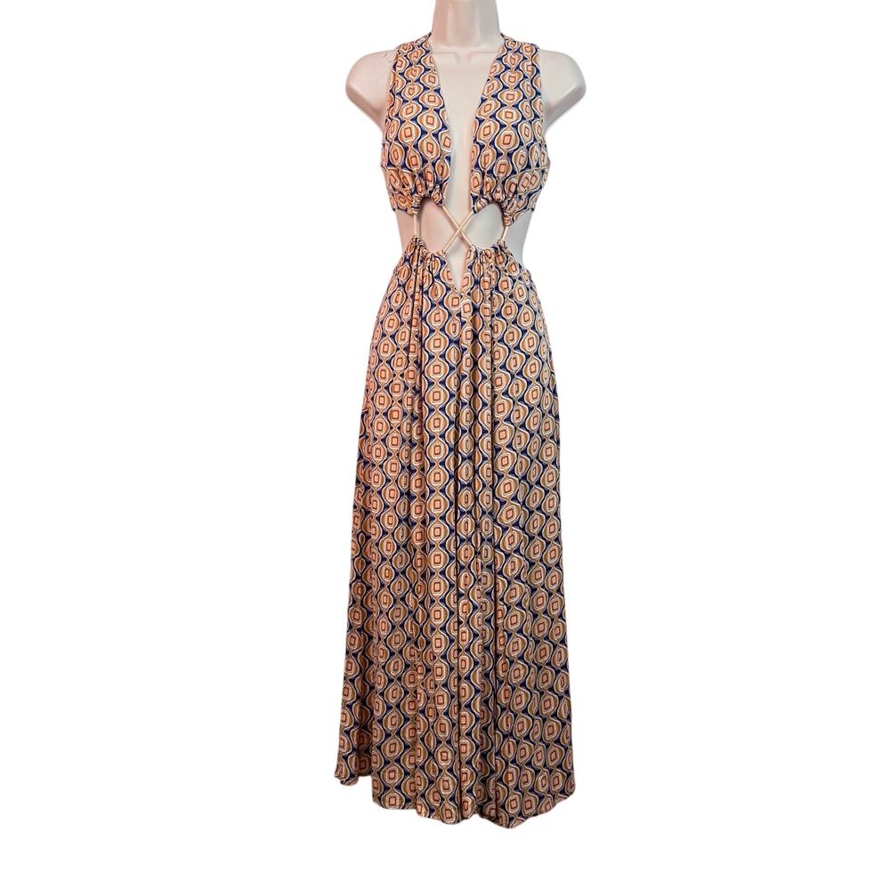 Seventeenstars Cut Out Maxi Dress Side Slit Blue Gold Cream Retro Print - Picture 2 of 16